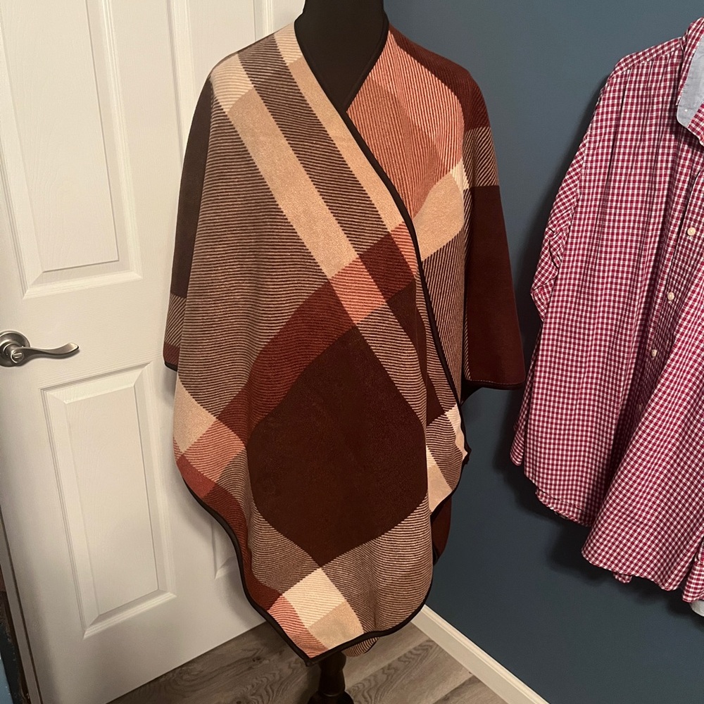Plaid Brown and Cream Women's Poncho